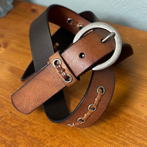 Rolfs Brown Tan Leather Belt Grommets Leather Weave Detail XL - Picture 1 of 6